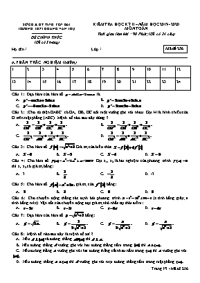 Đề kiểm tra học kỳ II môn Toán Lớp 11 - Mã đề 256 - Năm học 2019-2020 - Trường THPT Hoàng Văn Thụ